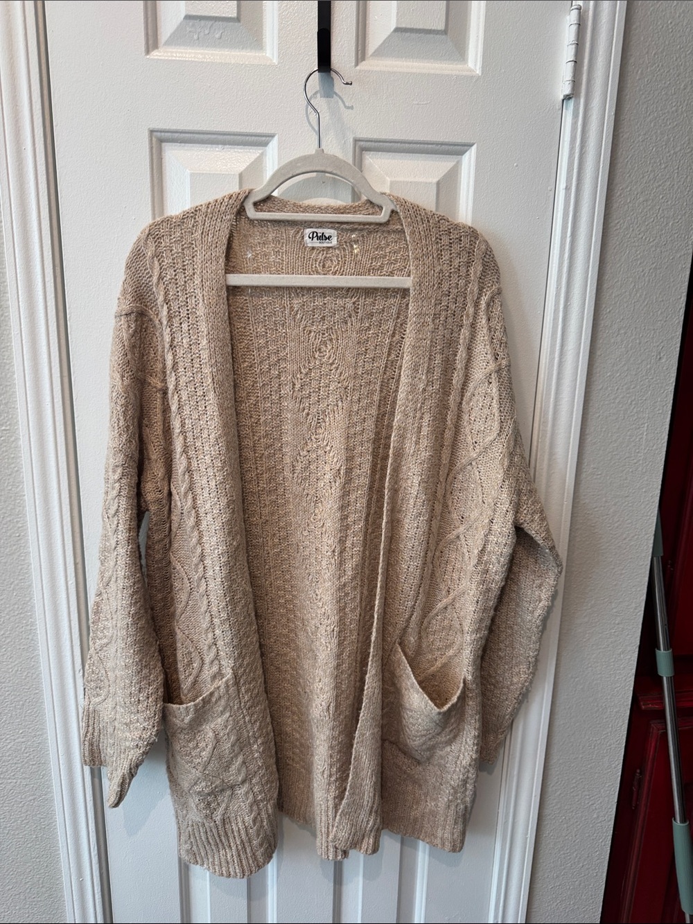 Pulse Beige Open-Front Cable Knit Cardigan